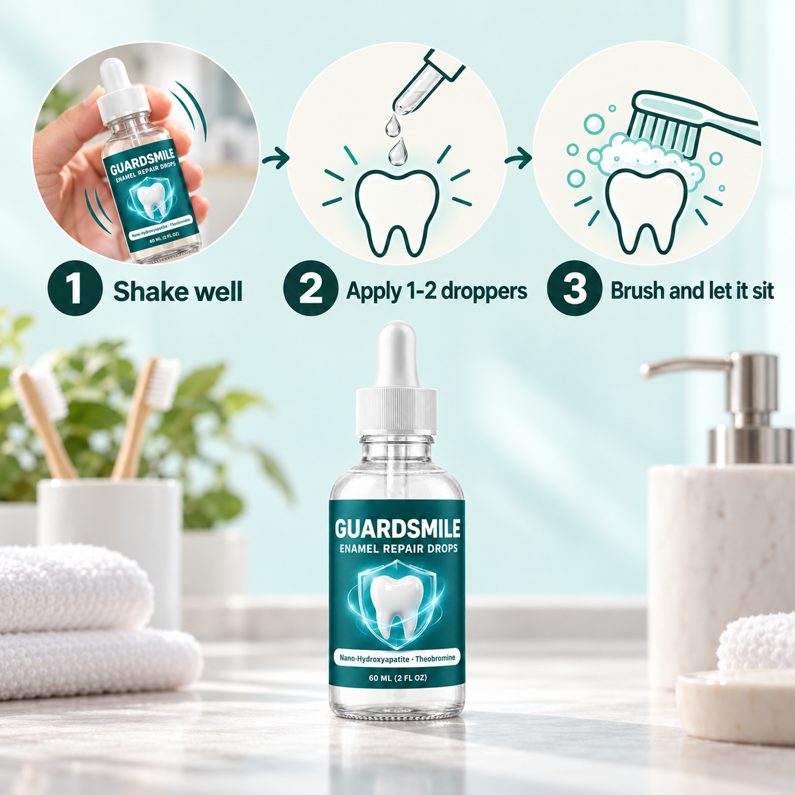 Dropper putting clear drops onto teeth before brushing