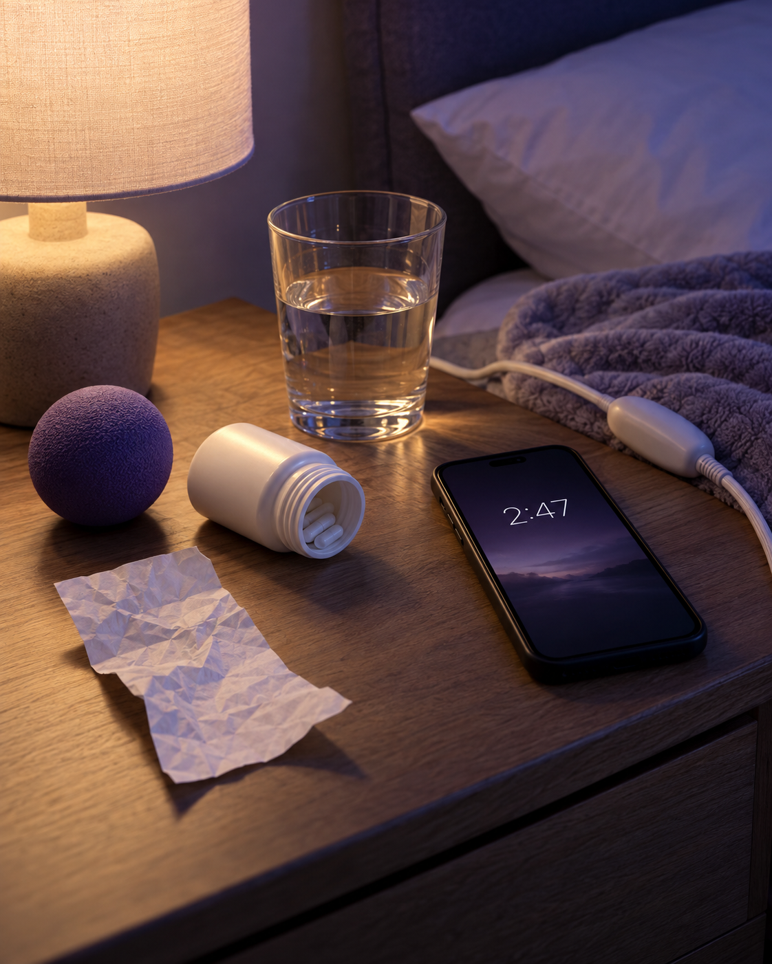 Nightstand with a heating pad, a massage gun and a bottle of pills