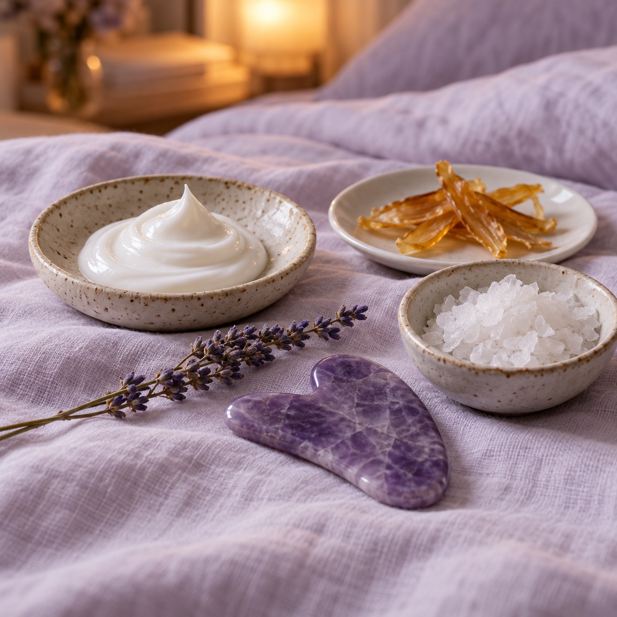 KnotMelt lotion tube with purple gua sha cap beside the sleep strip box